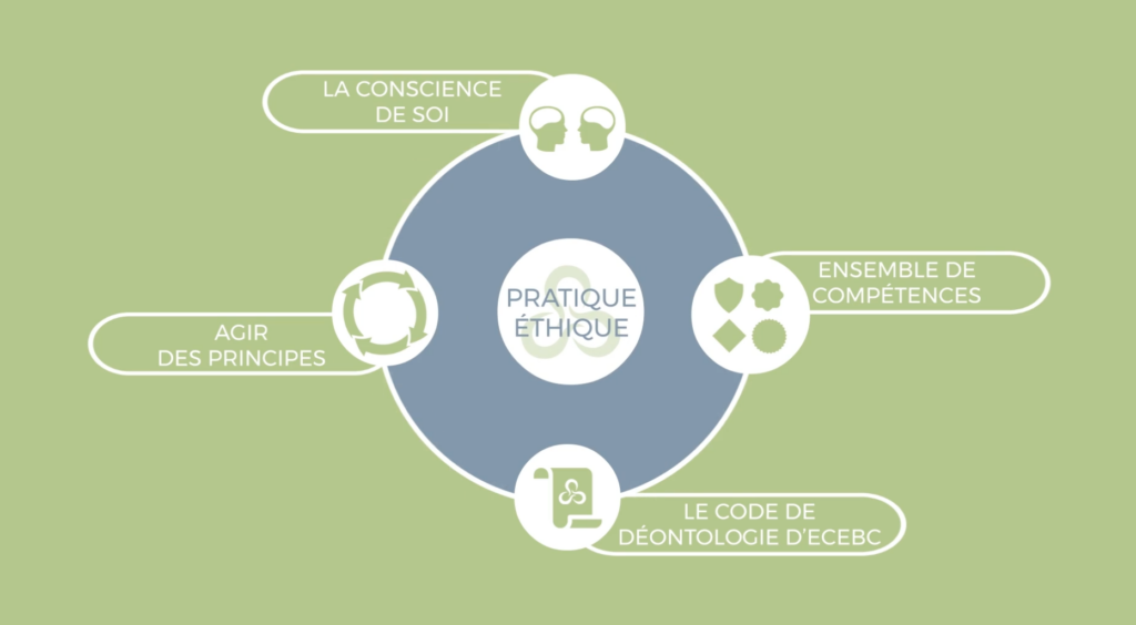 Diagram titled Pratique Éthique with sections for self-awareness, principles, skill set, and code of ethics, each with icons, on a green background.