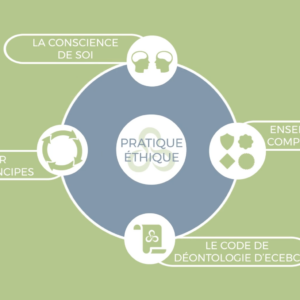 Diagram titled Pratique Éthique with sections for self-awareness, principles, skill set, and code of ethics, each with icons, on a green background.