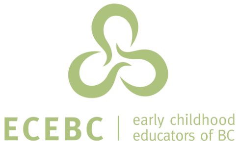 Logo of Early Childhood Educators of BC with a green emblem above the text ECEBC early childhood educators of BC on a dark background.