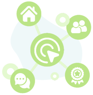 Illustration of a network with central target and cursor icon, connecting to icons of a house, people, chat bubble, and an award ribbon. All icons are green.