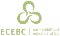 Logo of Early Childhood Educators of BC with a green emblem above the text ECEBC early childhood educators of BC on a dark background.