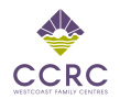 Logo of CCRC Westcoast Family Centres with a purple and green diamond shape above the text.