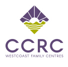 Logo of CCRC Westcoast Family Centres with a purple and green diamond shape above the text.